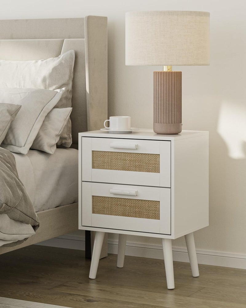 Masupu Rattan Night Stand, Modern nightstand Boho Bedside Table with 2 Drawer, Small End Side Table for Bedroom,Living Room,Office,White - Image 1
