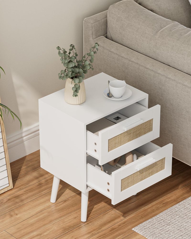 Masupu Rattan Night Stand, Modern nightstand Boho Bedside Table with 2 Drawer, Small End Side Table for Bedroom,Living Room,Office,White - Image 3