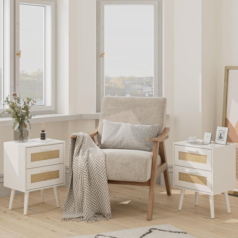 Masupu Rattan Night Stand, Modern nightstand Boho Bedside Table with 2 Drawer, Small End Side Table for Bedroom,Living Room,Office,White - Image 4