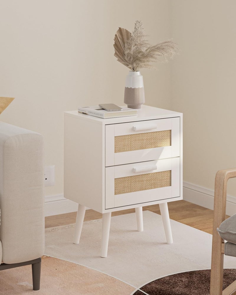Masupu Rattan Night Stand, Modern nightstand Boho Bedside Table with 2 Drawer, Small End Side Table for Bedroom,Living Room,Office,White - Image 5