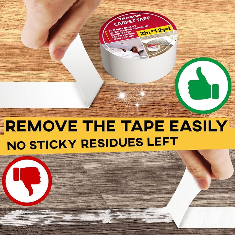 Trazon Carpet Tape Double Sided - Rug Tape Grippers for Hardwood Floors and Area Rugs - Carpet Binding Tape Strong Adhesive and Removable, Heavy Duty Sticky Tape, Residue Free ((2 Inch / 12 Yards) 2Pack) - Image 4