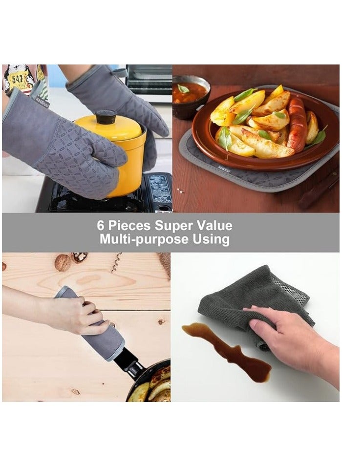 Oven Mitts and Pot Holders 6pcs Set, Kitchen Oven Glove High Heat Resistant 500 Degree Extra Long Oven Mitts and Potholder with Non-Slip Silicone Surface for Cooking  - Image 5