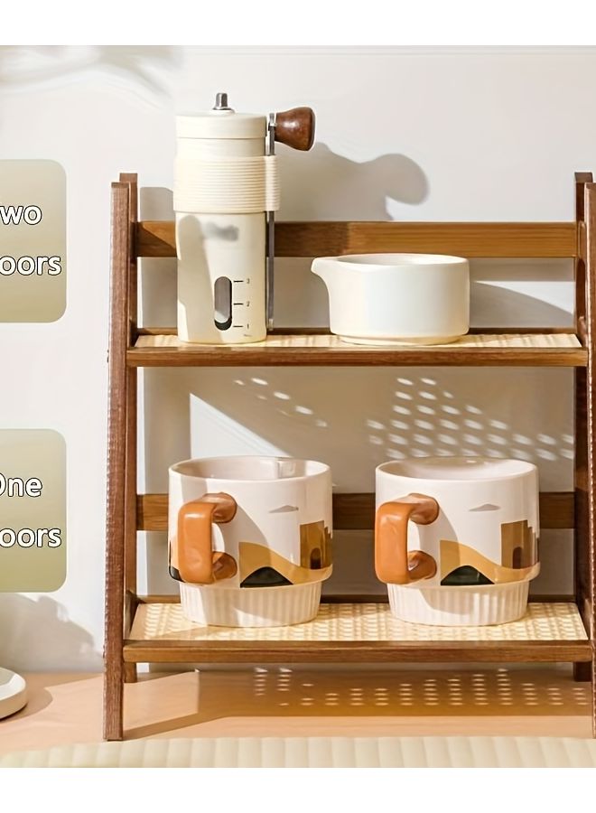 Double Layer Wooden Cup Holder Rattan Mug Organizer Vertical Space Saving Design - Image 3