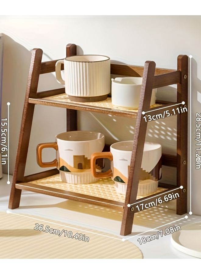 Double Layer Wooden Cup Holder Rattan Mug Organizer Vertical Space Saving Design - Image 4