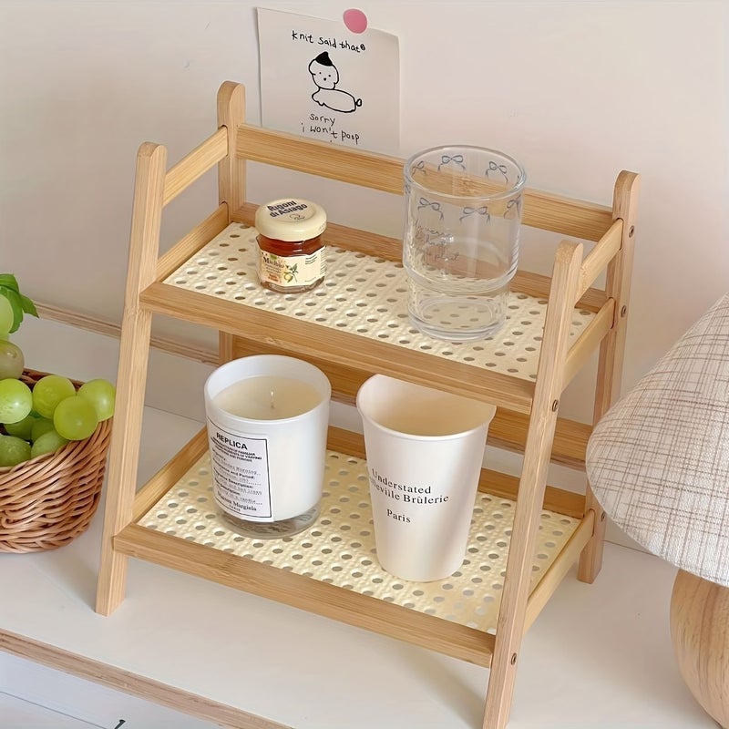 Double Layer Wooden Cup Holder Rattan Mug Organizer Vertical Space Saving Design - Image 5
