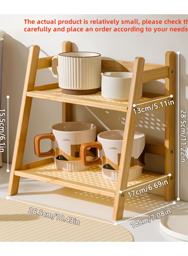 Double Layer Wooden Cup Holder Rattan Mug Organizer Vertical Space Saving Design - Image 1