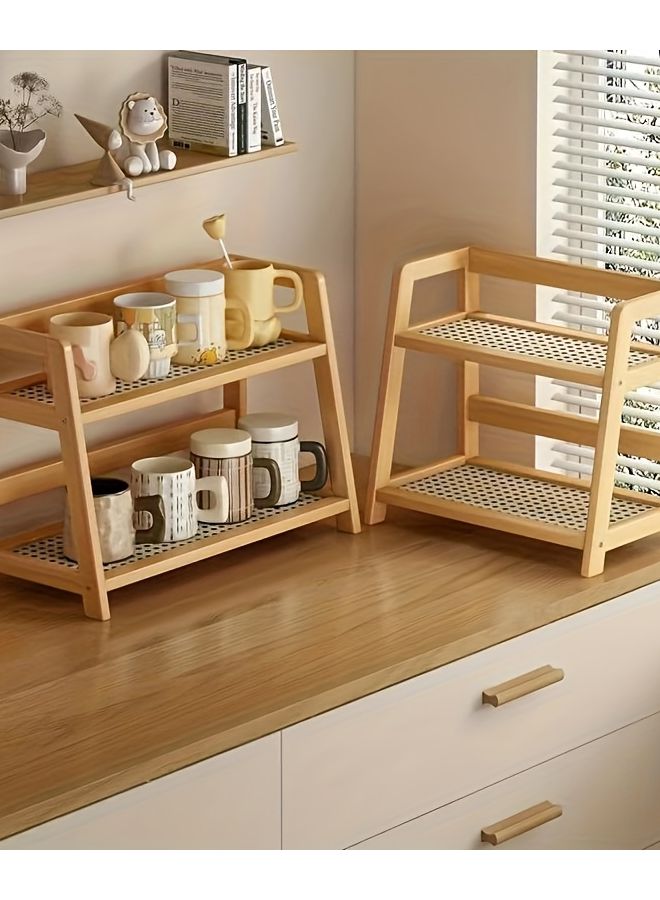 Double Layer Wooden Cup Holder Rattan Mug Organizer Vertical Space Saving Design - Image 2
