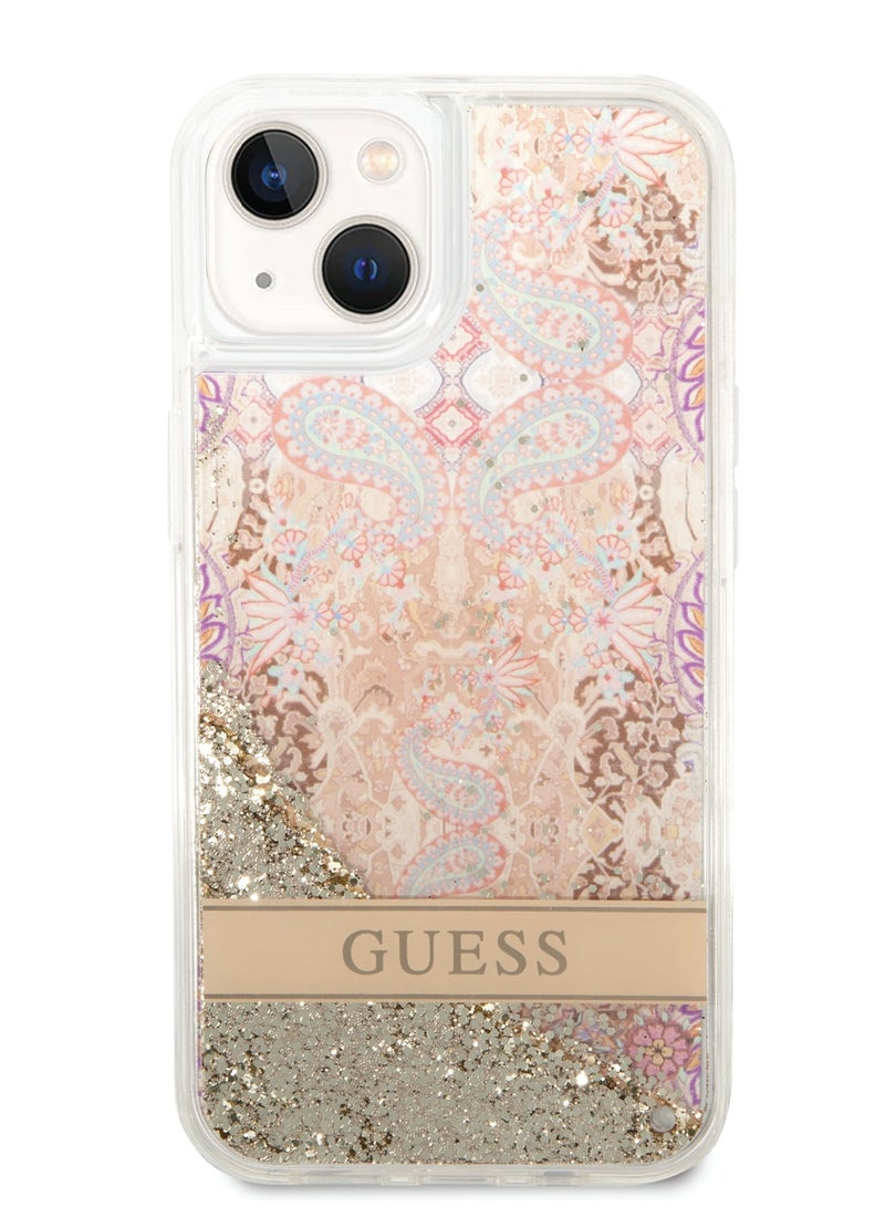GUESS iPhone 14 Case Liquid Glitter Back Cover with Flower Pattern Extra Shine Smooth Touch Feel / Slim Profile / Easy Snap-On / Bumper and Scratch Protection- Gold - Image 1