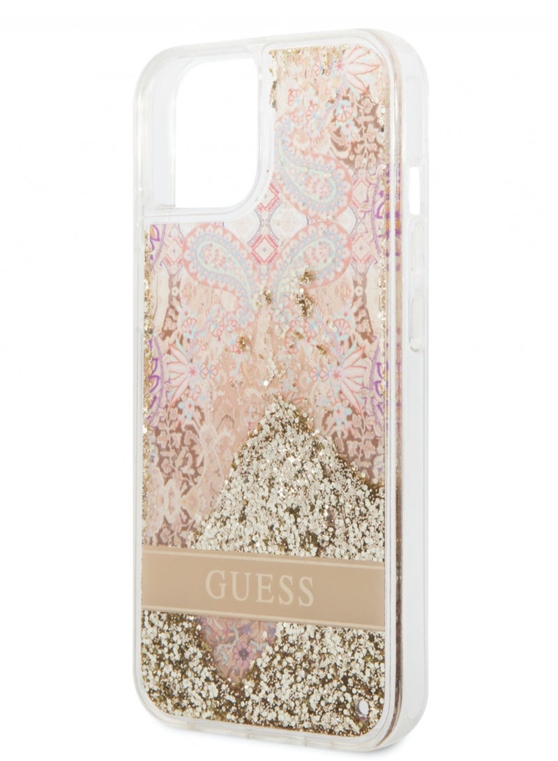 GUESS iPhone 14 Case Liquid Glitter Back Cover with Flower Pattern Extra Shine Smooth Touch Feel / Slim Profile / Easy Snap-On / Bumper and Scratch Protection- Gold - Image 4