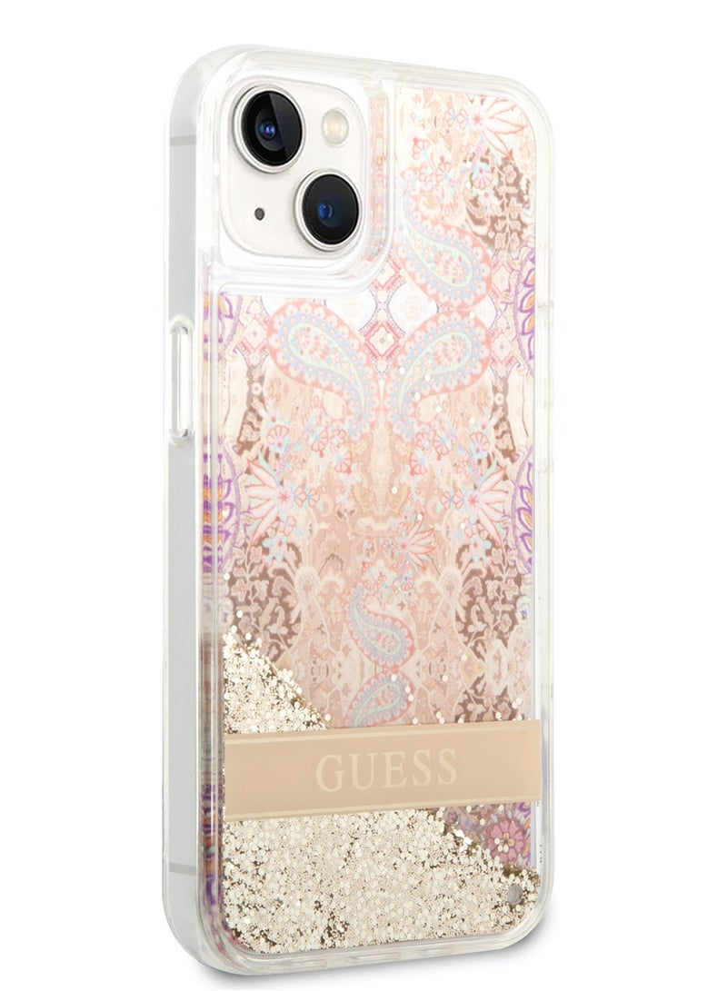 GUESS iPhone 14 Case Liquid Glitter Back Cover with Flower Pattern Extra Shine Smooth Touch Feel / Slim Profile / Easy Snap-On / Bumper and Scratch Protection- Gold - Image 3