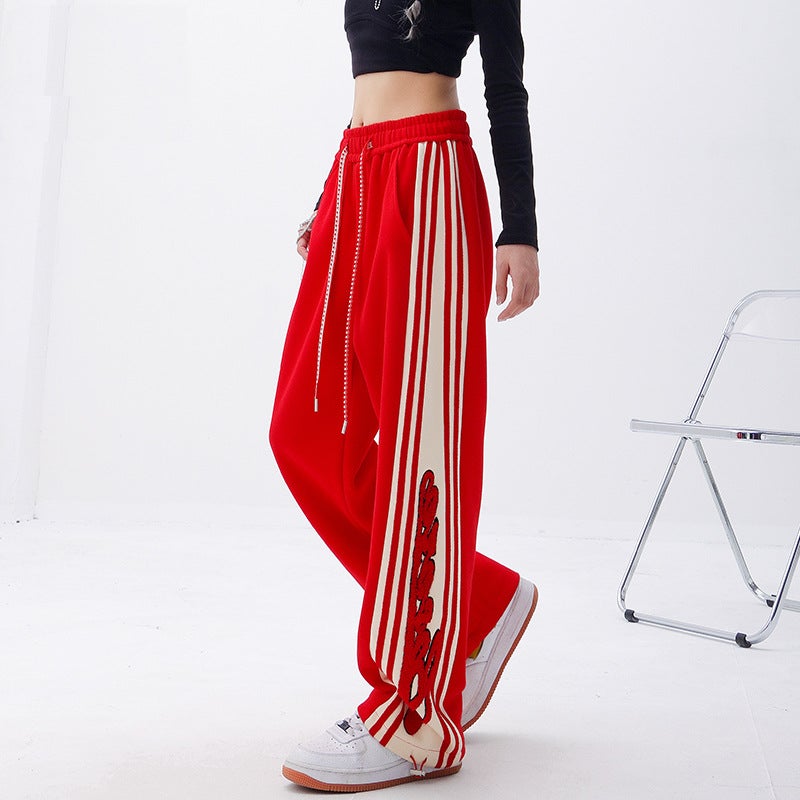 2024 Spring Red Loose Sweatpants Women Casual Embroidered Wide Leg Red 