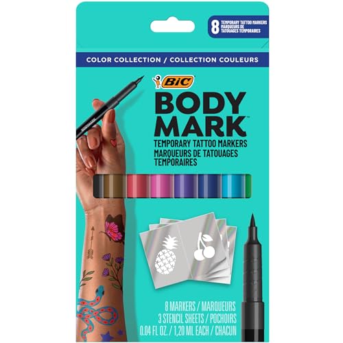 BodyMark Temporary Tattoo Markers 8Count Color Collection SkinSafe Cosmetic Quality CrueltyFree LongLasting Flexible Brush Tip Stencils Included - Image 2
