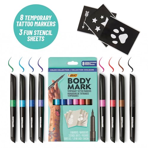 BodyMark Temporary Tattoo Markers 8Count Color Collection SkinSafe Cosmetic Quality CrueltyFree LongLasting Flexible Brush Tip Stencils Included - Image 5