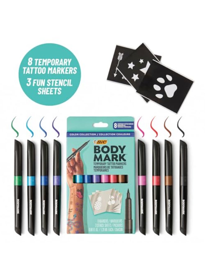 BodyMark Temporary Tattoo Markers 8Count Color Collection SkinSafe Cosmetic Quality CrueltyFree LongLasting Flexible Brush Tip Stencils Included - Image 4