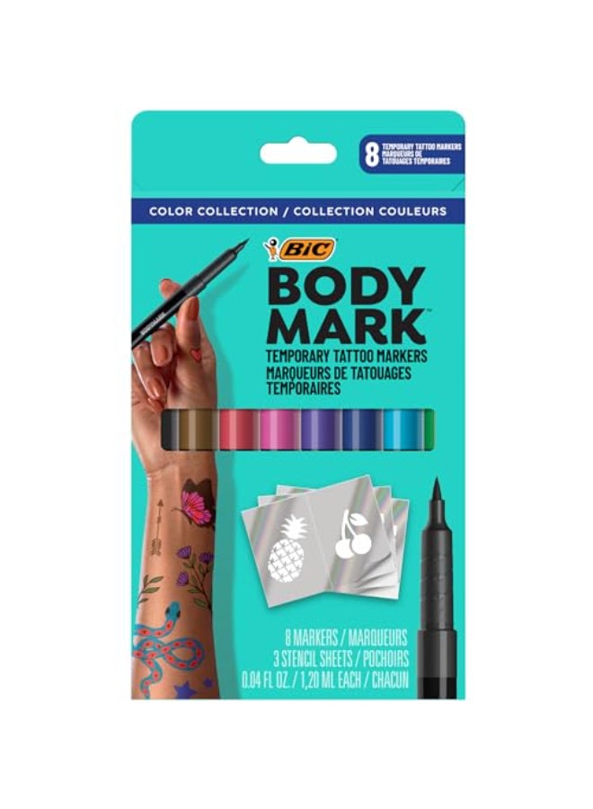 BodyMark Temporary Tattoo Markers 8Count Color Collection SkinSafe Cosmetic Quality CrueltyFree LongLasting Flexible Brush Tip Stencils Included - Image 1
