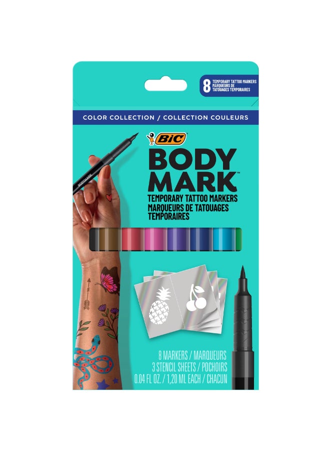 BodyMark Temporary Tattoo Markers 8Count Color Collection SkinSafe Cosmetic Quality CrueltyFree LongLasting Flexible Brush Tip Stencils Included - Image 3