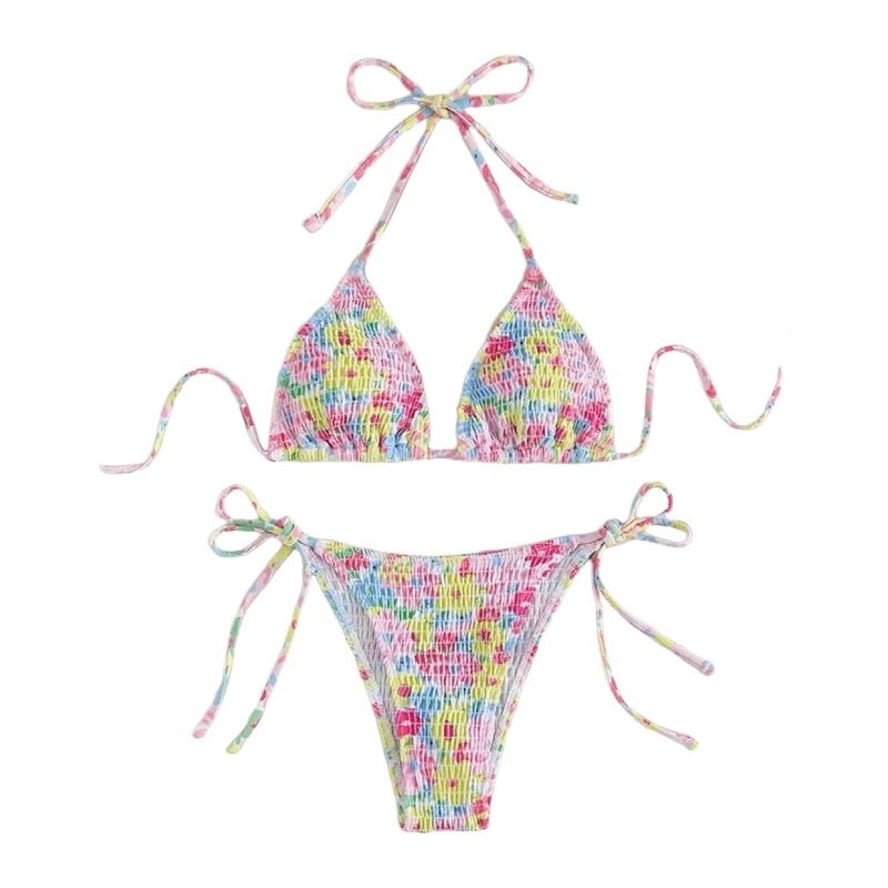 New colorful flower pleated bikini small chest gathering long-sleeved sweet and spicy beach vacation sunscreen can go into the water swimsuit shirt - Image 3