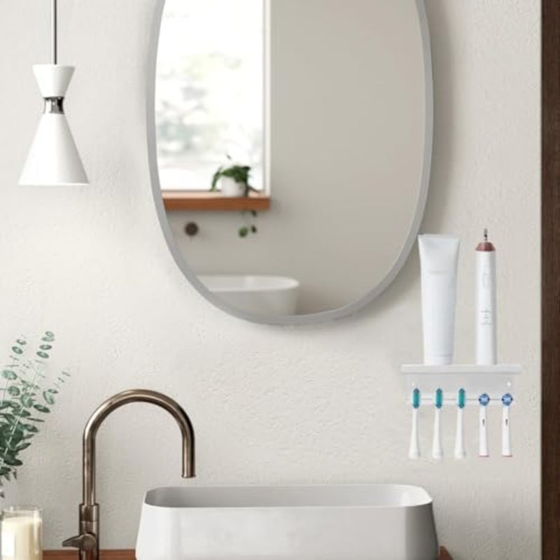 Wall Mounted Toothbrush Holder for Bathroom Shower, 5 Slots Aluminum Self-Adhesive Tooth Brush, Toothpaste Organizer Hanger Compatible with Colgate Extra Clean, Oral-B CrossAction, etc White - Image 3