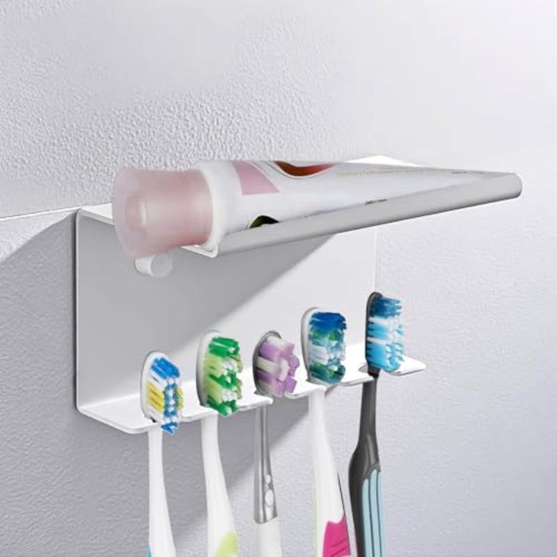 Wall Mounted Toothbrush Holder for Bathroom Shower, 5 Slots Aluminum Self-Adhesive Tooth Brush, Toothpaste Organizer Hanger Compatible with Colgate Extra Clean, Oral-B CrossAction, etc White - Image 1
