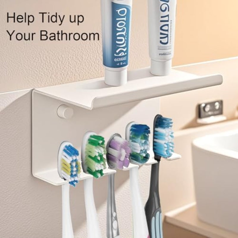 Wall Mounted Toothbrush Holder for Bathroom Shower, 5 Slots Aluminum Self-Adhesive Tooth Brush, Toothpaste Organizer Hanger Compatible with Colgate Extra Clean, Oral-B CrossAction, etc White - Image 2