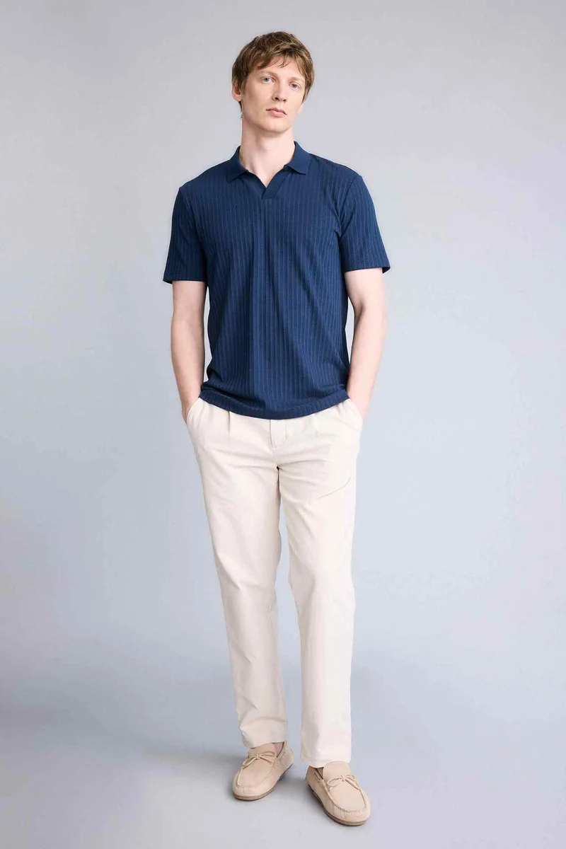 ديفاكتو Regular Fit Crinkle Short Sleeve Polo T-Shirt