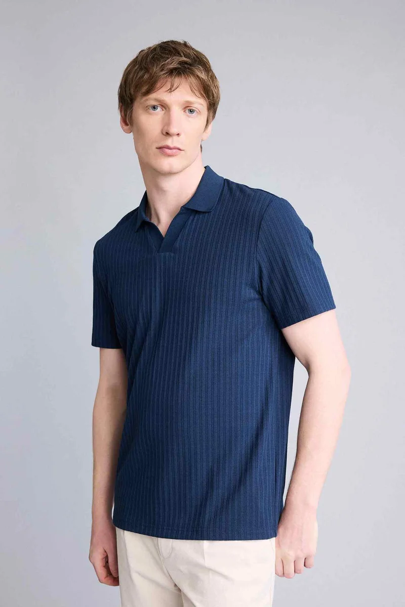 ديفاكتو Regular Fit Crinkle Short Sleeve Polo T-Shirt