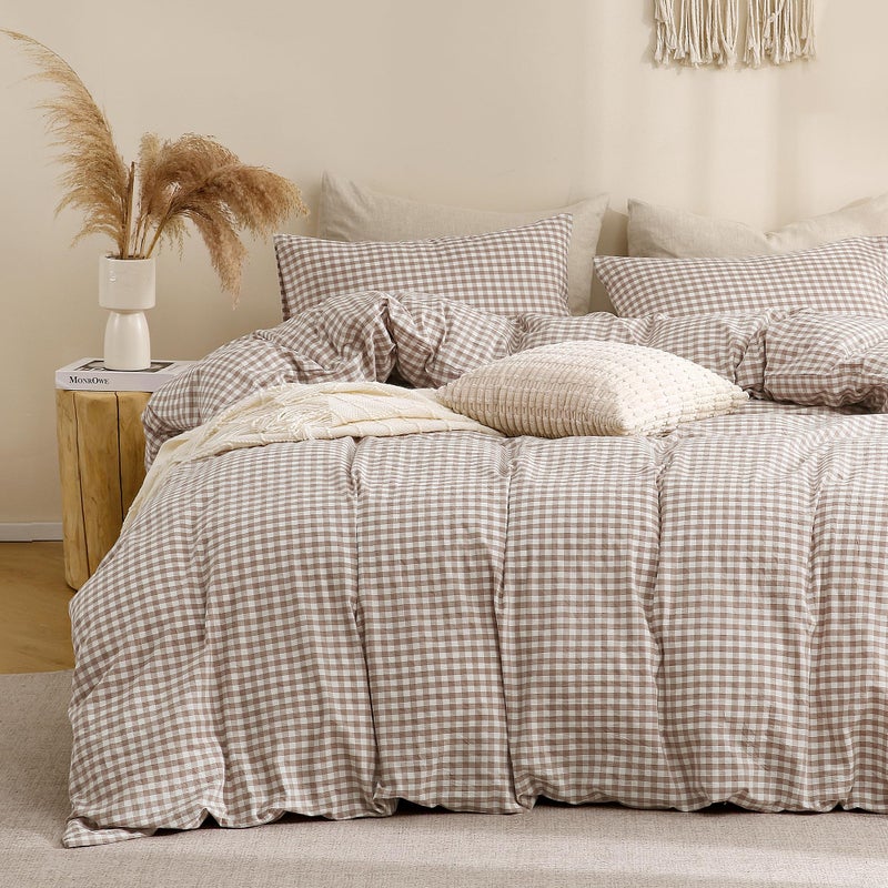 TOCOMOA Tan Gingham Duvet Cover Bedding Set 100% Washed Cotton Like Linen Feel Super Soft Comfy 3 Piece Brown Vintage Plaid Checkered Fall Comforter Cover Set (King 104"x90", Comforter Not Included) - Image 1