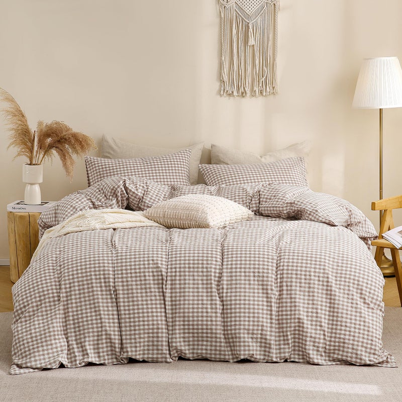 TOCOMOA Tan Gingham Duvet Cover Bedding Set 100% Washed Cotton Like Linen Feel Super Soft Comfy 3 Piece Brown Vintage Plaid Checkered Fall Comforter Cover Set (King 104"x90", Comforter Not Included) - Image 3