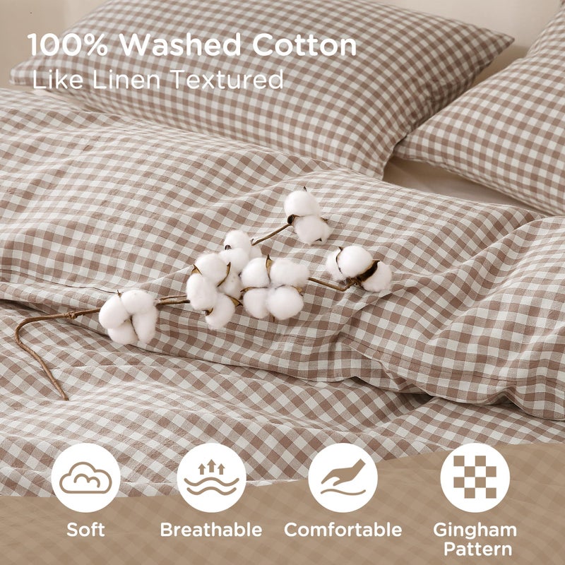 TOCOMOA Tan Gingham Duvet Cover Bedding Set 100% Washed Cotton Like Linen Feel Super Soft Comfy 3 Piece Brown Vintage Plaid Checkered Fall Comforter Cover Set (King 104"x90", Comforter Not Included) - Image 5