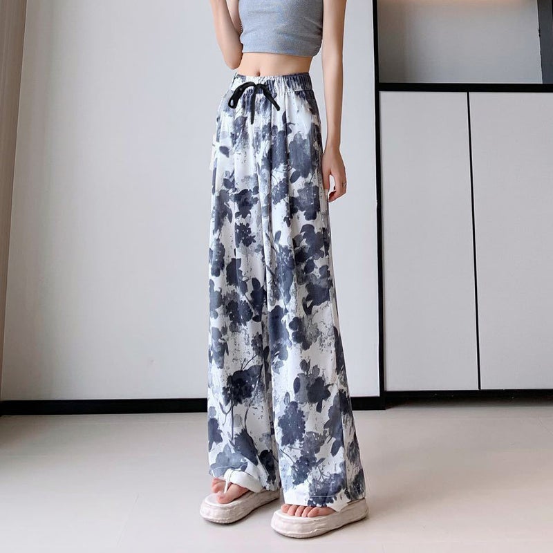 Ice Silk Wide Leg Pants Womens Summer Thin New Chinese Ink National Style Cool Sun Protection Pants High Waist Casual Pants Trousers ink pear flower