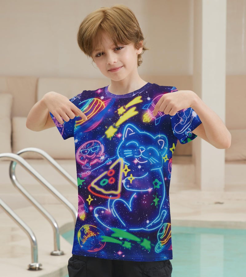 SunFocus Boys Neon Cat Shirt Glow Party T Shirt Size 6-8 Space Rocket Tshirts Kids Unisex Graphis Tees Shirts Funny Short Sleeve - Image 2