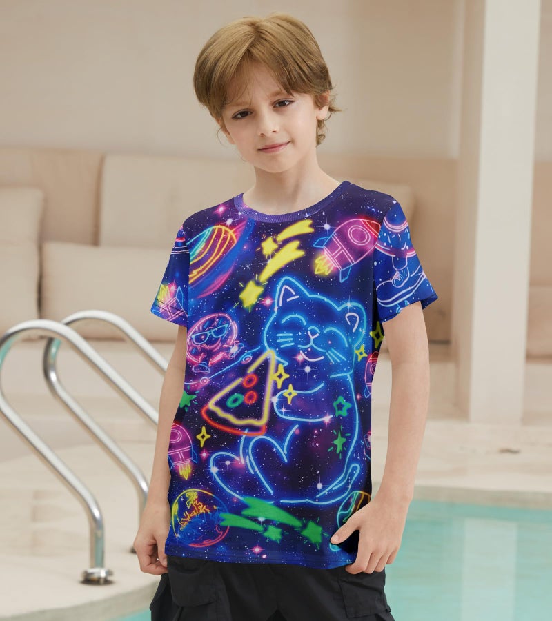 SunFocus Boys Neon Cat Shirt Glow Party T Shirt Size 6-8 Space Rocket Tshirts Kids Unisex Graphis Tees Shirts Funny Short Sleeve - Image 4