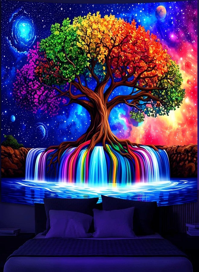 Simpkeely Blacklight Tree of Life Tapestry - UV Reactive Fantasy Colorful Rainbow Waterfall Wall Hanging, Glow in the Dark Galaxy Nature Poster for Bedroom, Living Room, Dorm - 51.2" x 59.1" - Image 1