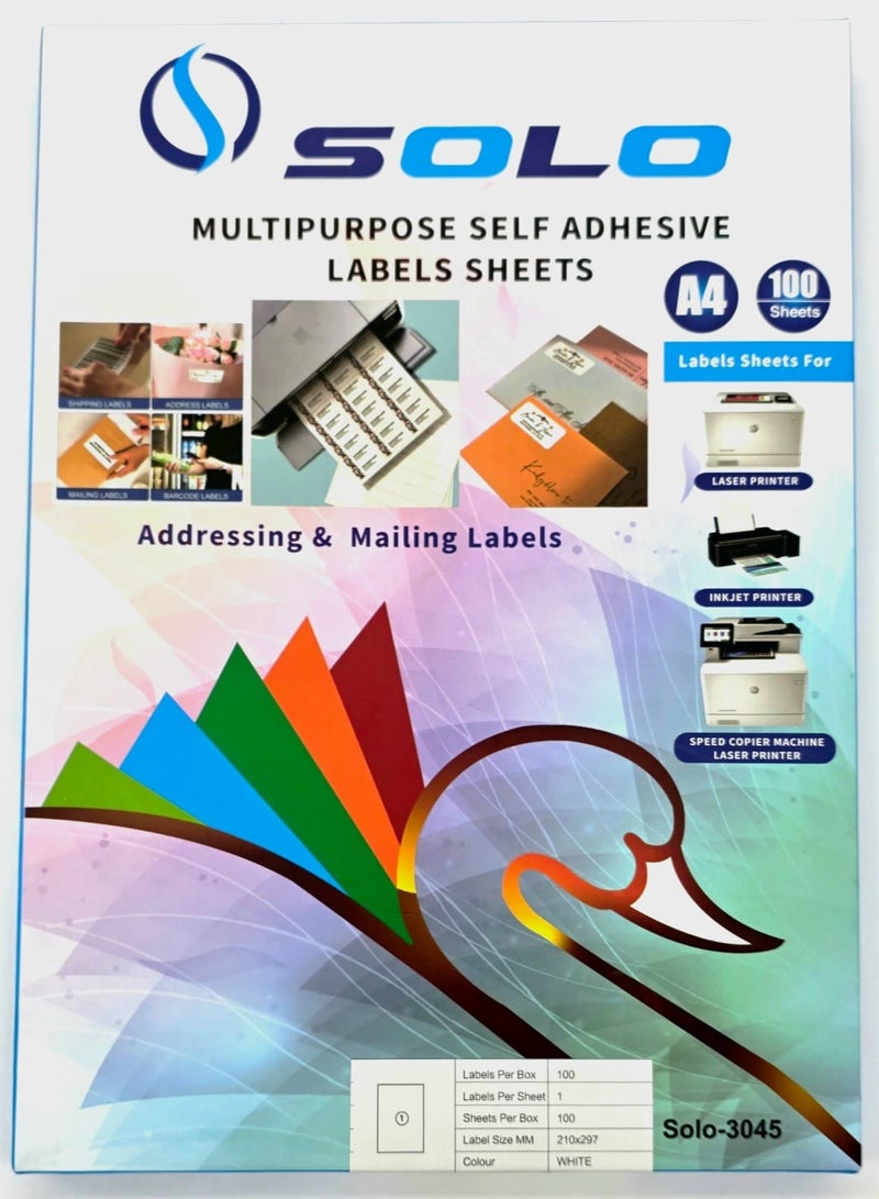 Solo Multipurpose Laser Labels, Color White (1 Stickers x 100 Sheet) 100 Labels, Size : A4 (21X29.7 CM) - Image 1