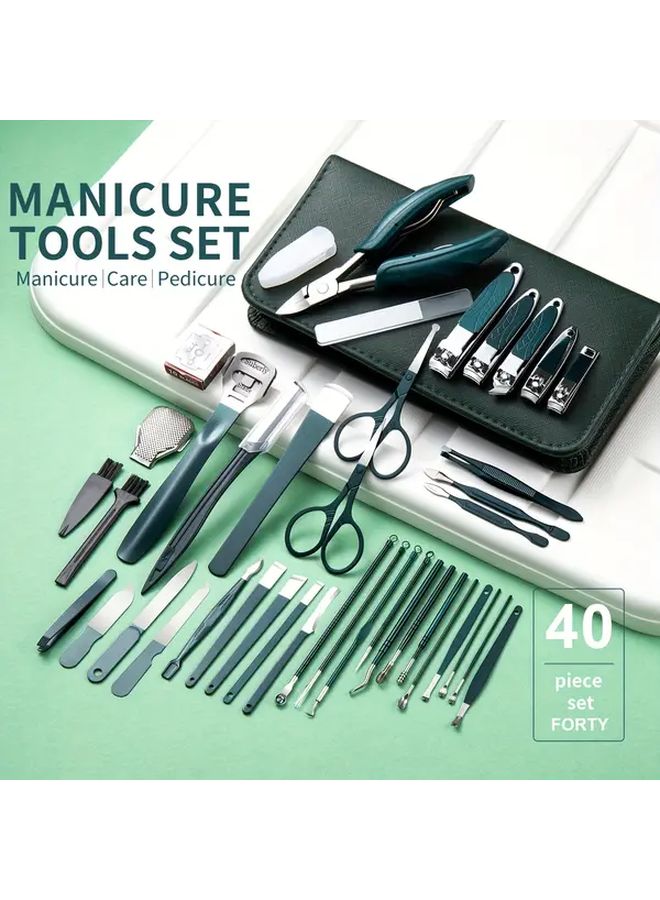 40 قطعة مجموعة أدوات مانيكير خضراء، مجموعة أدوات باديكير احترافية، مقاصات أظافر من الفولاذ المقاوم للصدأ - Image 3