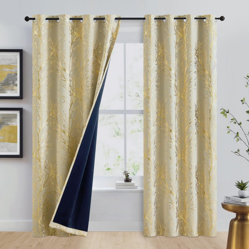 FMFUNCTEX 100% Blackout Curtains Ivory Gold Tree for Living Room, Curtains 84 Inches Long Foil Branch Patterned Panels for Bedroom, Thermal Insulated Drapes Home Office Grommet Top 2 Panels - Image 2