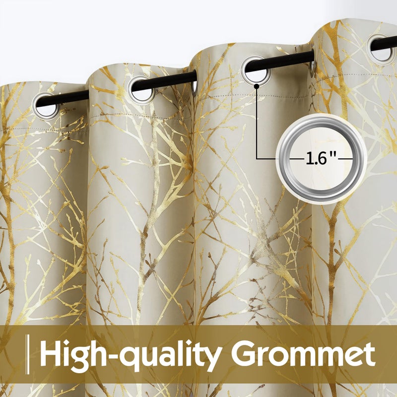 FMFUNCTEX 100% Blackout Curtains Ivory Gold Tree for Living Room, Curtains 84 Inches Long Foil Branch Patterned Panels for Bedroom, Thermal Insulated Drapes Home Office Grommet Top 2 Panels - Image 3