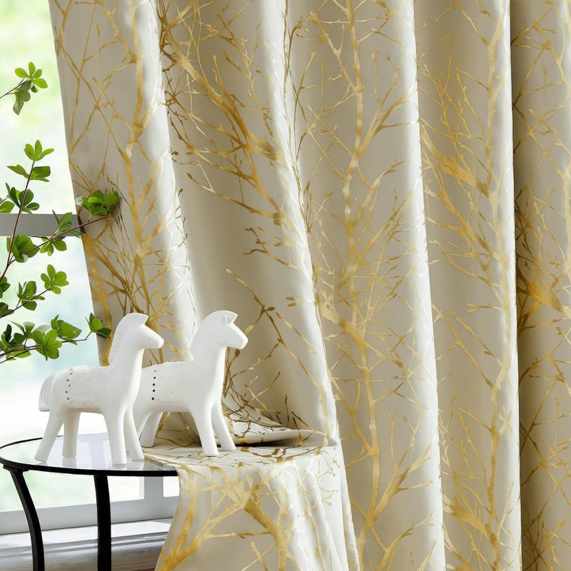 FMFUNCTEX 100% Blackout Curtains Ivory Gold Tree for Living Room, Curtains 84 Inches Long Foil Branch Patterned Panels for Bedroom, Thermal Insulated Drapes Home Office Grommet Top 2 Panels - Image 1