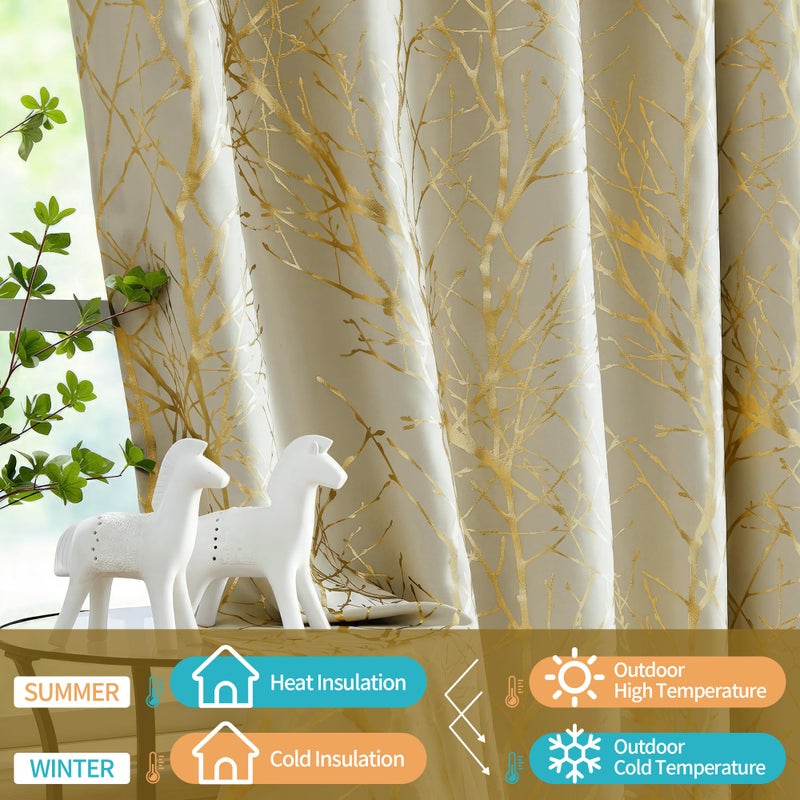 FMFUNCTEX 100% Blackout Curtains Ivory Gold Tree for Living Room, Curtains 84 Inches Long Foil Branch Patterned Panels for Bedroom, Thermal Insulated Drapes Home Office Grommet Top 2 Panels - Image 5