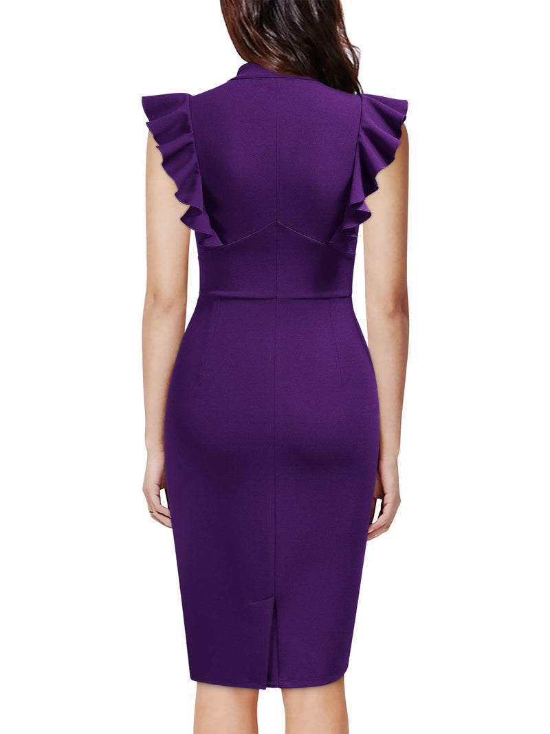 Knitee Women's Vintage Ruffle Sleeve V-Neck Bodycon Evening Party Cocktail Pencil Sheath Dress (Purple, Large) - Image 2