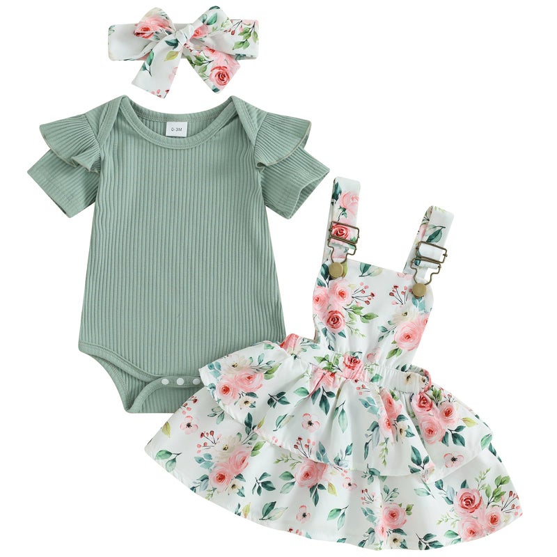 Mubineo Baby Girl Summer Clothes Cute Outfits Short Sleeve Romper Overall Skirt Dress Headband 3PCS Newborn Outfit (Green White Pink Flower, 0-3 Months) - Image 1