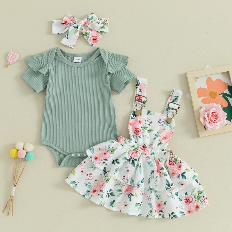 Mubineo Baby Girl Summer Clothes Cute Outfits Short Sleeve Romper Overall Skirt Dress Headband 3PCS Newborn Outfit (Green White Pink Flower, 0-3 Months) - Image 2
