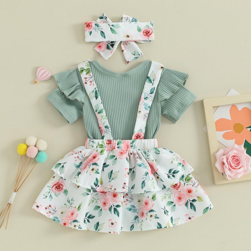 Mubineo Baby Girl Summer Clothes Cute Outfits Short Sleeve Romper Overall Skirt Dress Headband 3PCS Newborn Outfit (Green White Pink Flower, 0-3 Months) - Image 4