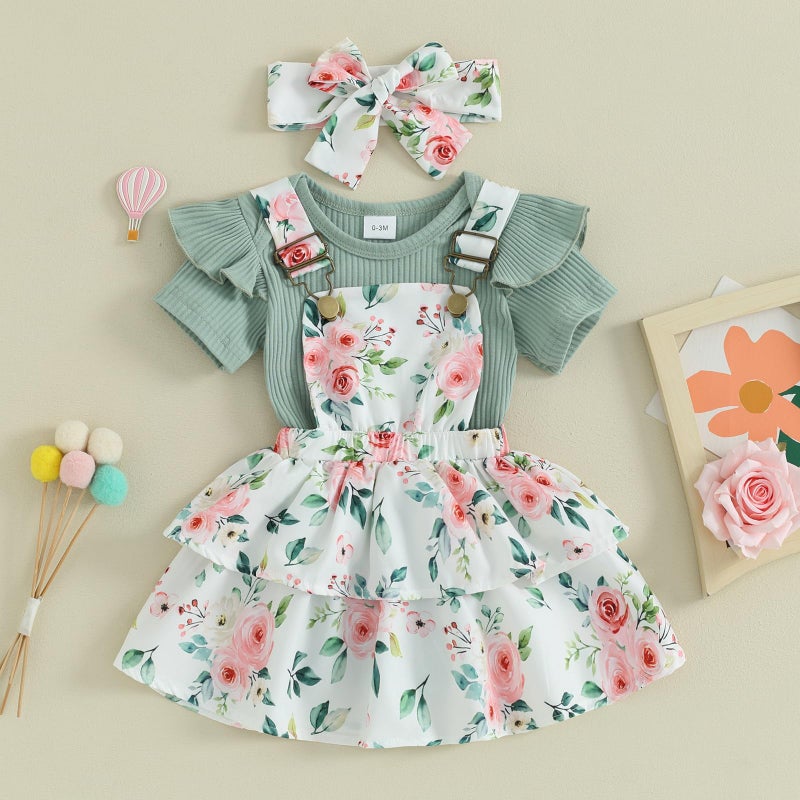 Mubineo Baby Girl Summer Clothes Cute Outfits Short Sleeve Romper Overall Skirt Dress Headband 3PCS Newborn Outfit (Green White Pink Flower, 0-3 Months) - Image 3