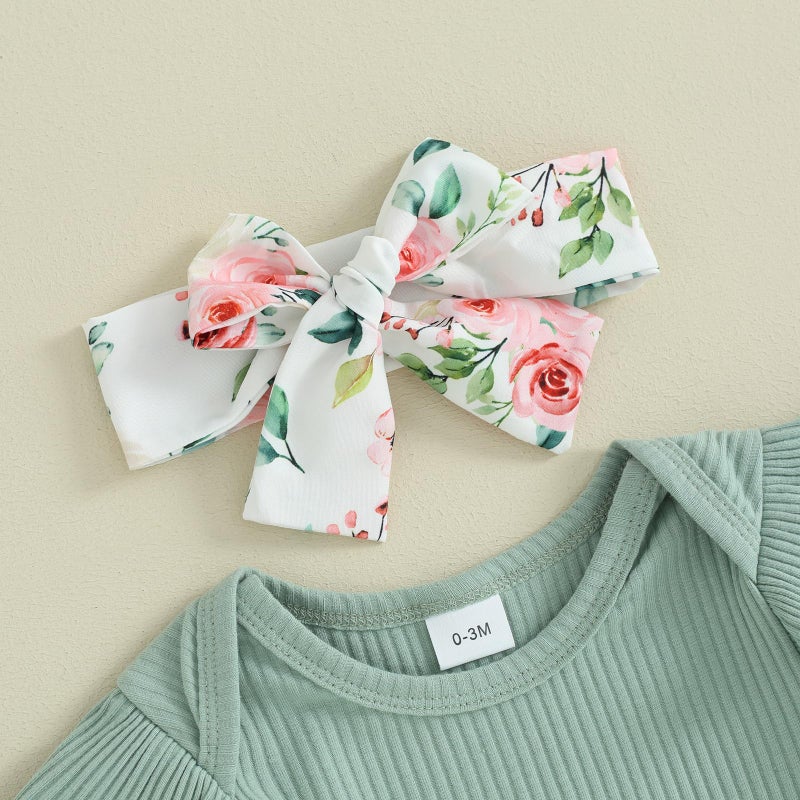 Mubineo Baby Girl Summer Clothes Cute Outfits Short Sleeve Romper Overall Skirt Dress Headband 3PCS Newborn Outfit (Green White Pink Flower, 0-3 Months) - Image 5