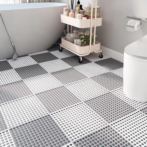 REDMART Interlocking Non-Slip Bathroom Floor Tiles with Drain Holes - Soft PVC Massage Bath Mats for Shower, Pool Deck, Patio & Garage - DIY Splicing Cushion Mat (Grey/White, Pack of [8]) - Image 5