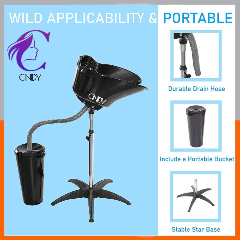 CINIDY ABS, Stainless Steel Portable Mobile Shampoo Bowl, Height-Adjustable Polished Hair Washing Sink, Shampoo Basin with Drain Pipe and Bucket, Suitable for Beauty Salon/Barber Shop (Black) - Image 2