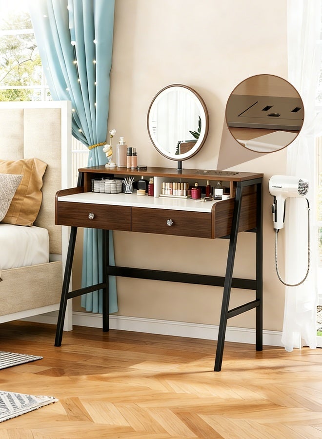 Sharpdo 100*40*126㎝ Modern Bedroom Dresser Table with 2 UK Plug+2 USB, Makeup Table With LED Mirror & 2 Drawers and Shelf - Image 1