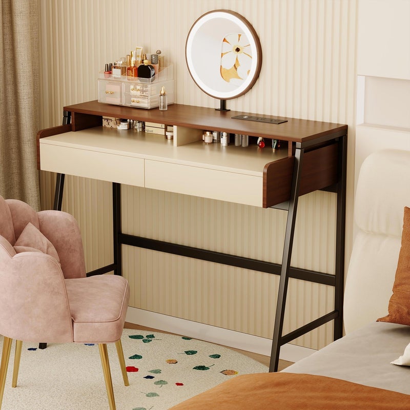 Sharpdo 100*40*126㎝ Modern Bedroom Dresser Table with 2 UK Plug+2 USB, Makeup Table With LED Mirror & 2 Drawers and Shelf - Image 2