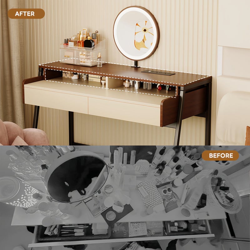 Sharpdo 100*40*126㎝ Modern Bedroom Dresser Table with 2 UK Plug+2 USB, Makeup Table With LED Mirror & 2 Drawers and Shelf - Image 3
